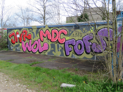 829806 Afbeelding van graffiti met kleurrijke teksten uit 2015, op enkele fietsboxen op het terrein van de voormalige ...